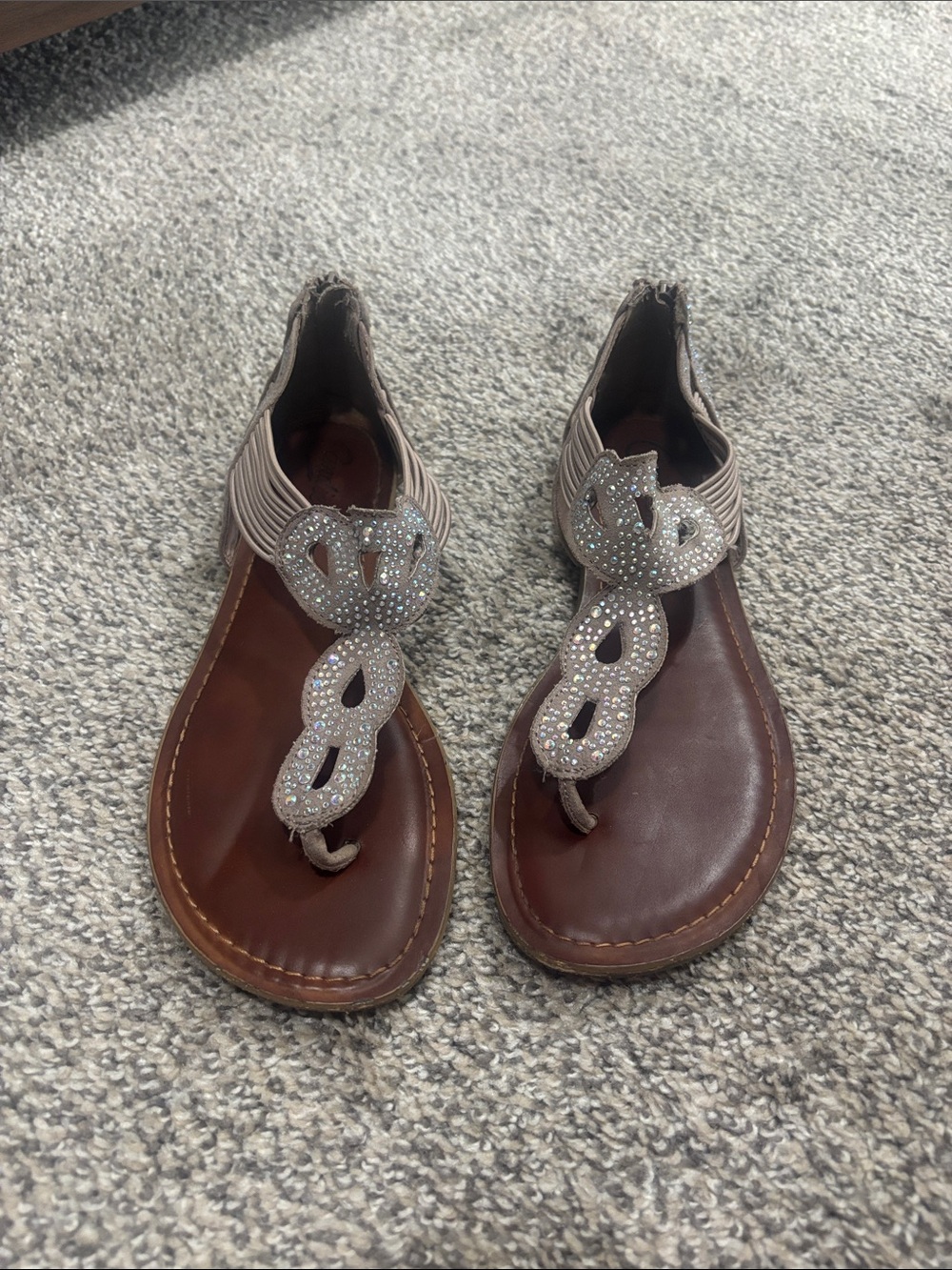 Women's Embellished Taupe T-Strap Sandals
